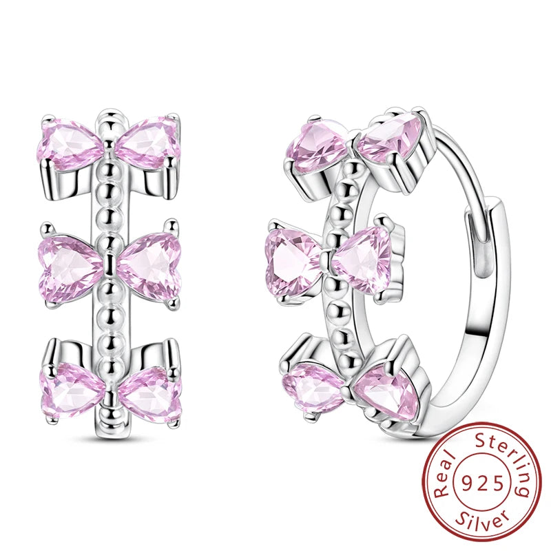 Hoop Earrings New Original 925 Sterling Silver Sweet Heart Bow Round Zircon Studs Drop Earrings For Women Girl Fine Jewelry