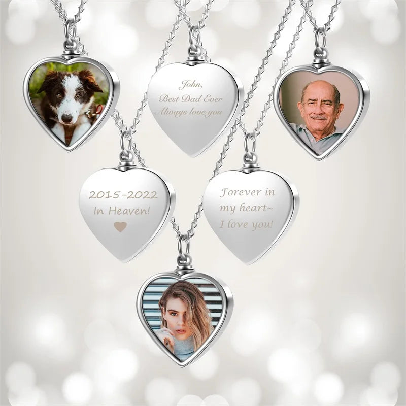 Personalized Photo Heart Urn Necklace for Ashes Cremation Urns Custom Picture Engraved Necklace Keepsake Text Memorial Jewelry