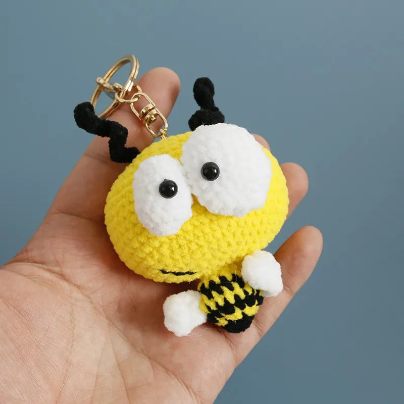 Cute Bee Crochet Keychain For Gifts Handmking Cartoon Bee Doll Knitting Keyrings Knitted Bee Doll Custom Accessories Wholesale