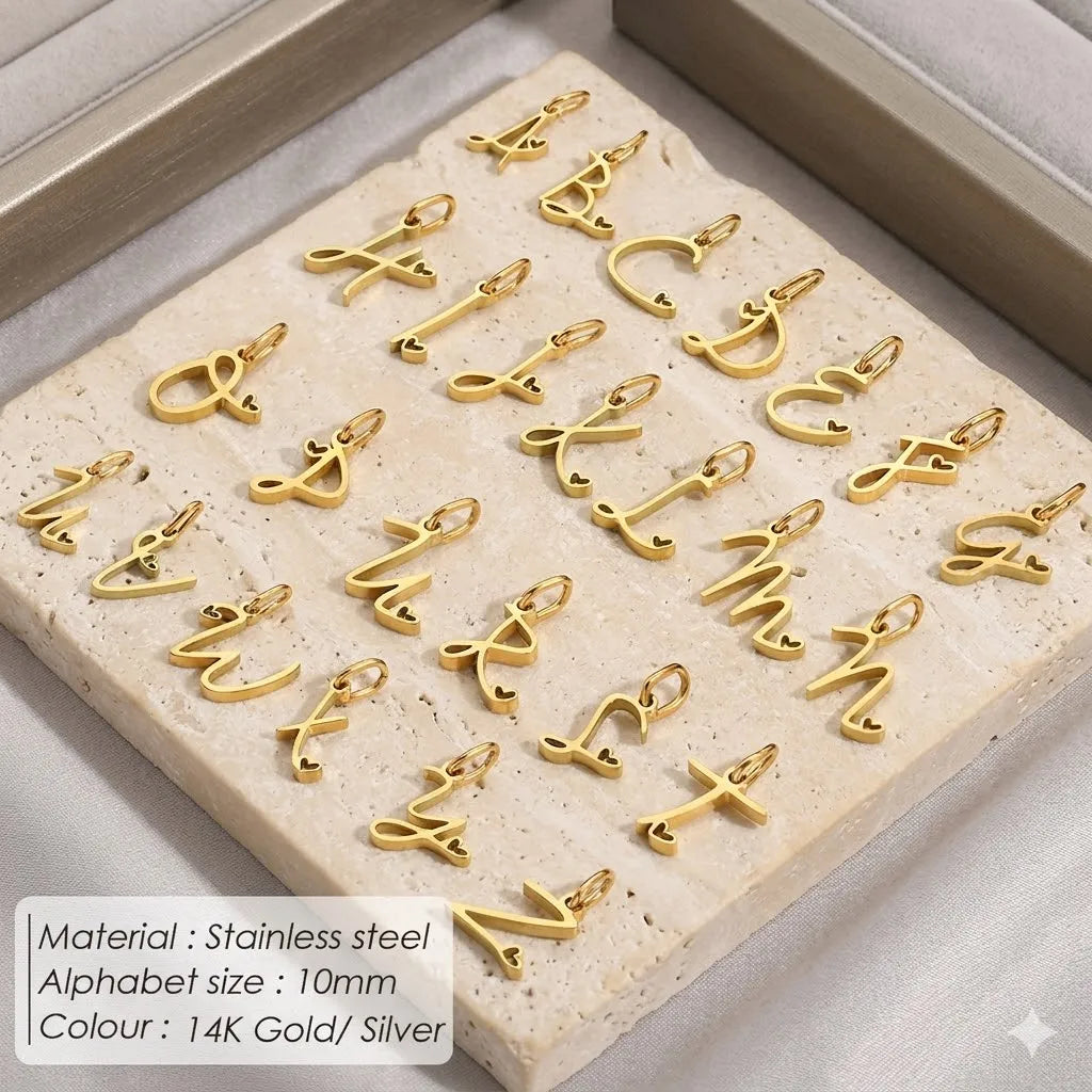 St-Delan Gold Plated Cursive Heart Initial Charms A-Z Script Alphabet Pendants for DIY Jewelry Making