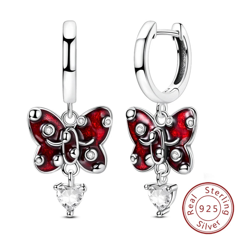 Hoop Earrings New Original 925 Sterling Silver Sweet Heart Bow Round Zircon Studs Drop Earrings For Women Girl Fine Jewelry