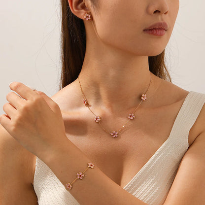 DIEYURO 316L Stainless Steel Pink Dripping Oil Peach Blossom Flowers Necklace Earrings Bracelet Set Lady New Luxury Jewelry Gift
