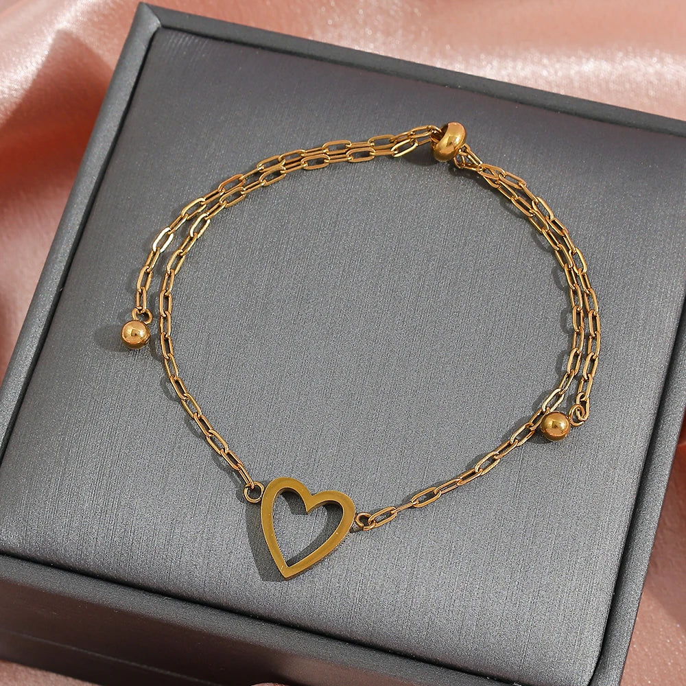 Couple Heart Pendant Single Stone Bracelet Set | Adjustable Valentine's Day Love Friendship Double Hand Chain Combination Set
