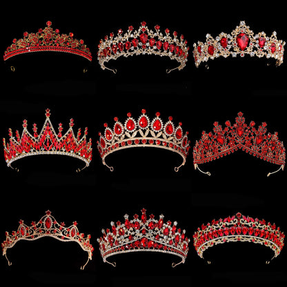 Luxury Red Rhinestone Bridal Tiara Headband Baroque Crystal Grand Crown For Women Banquet Jewelry Hair Accessories
