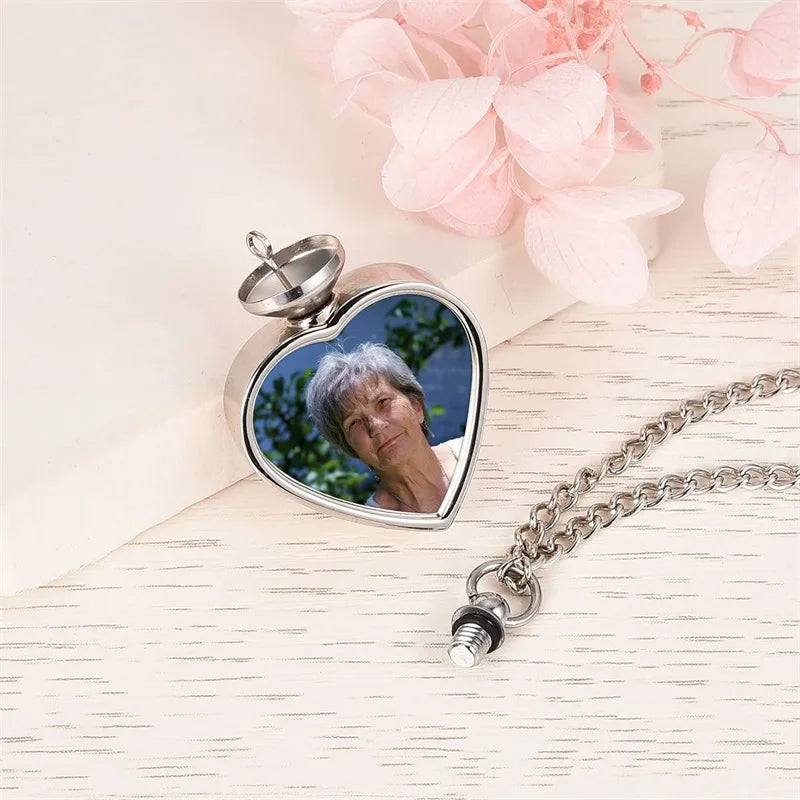 Personalized Photo Heart Urn Necklace for Ashes Cremation Urns Custom Picture Engraved Necklace Keepsake Text Memorial Jewelry