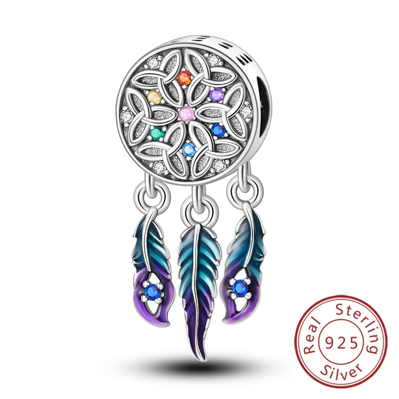 Original 925 Sterling Silver Charms Beads Pendants Colorful Dreamcatcher Lucky Charms Fit Bracelets Necklaces Women DIY Jewelry