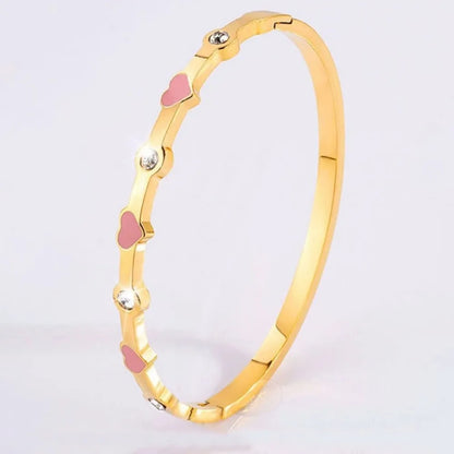 Classic Pink Zircon Inlay Cardioid Design Stainless Steel Stacked Bracelet Couple Jewelry Holiday Gift