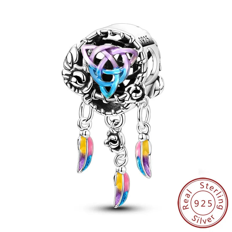 Original 925 Sterling Silver Charms Beads Pendants Colorful Dreamcatcher Lucky Charms Fit Bracelets Necklaces Women DIY Jewelry