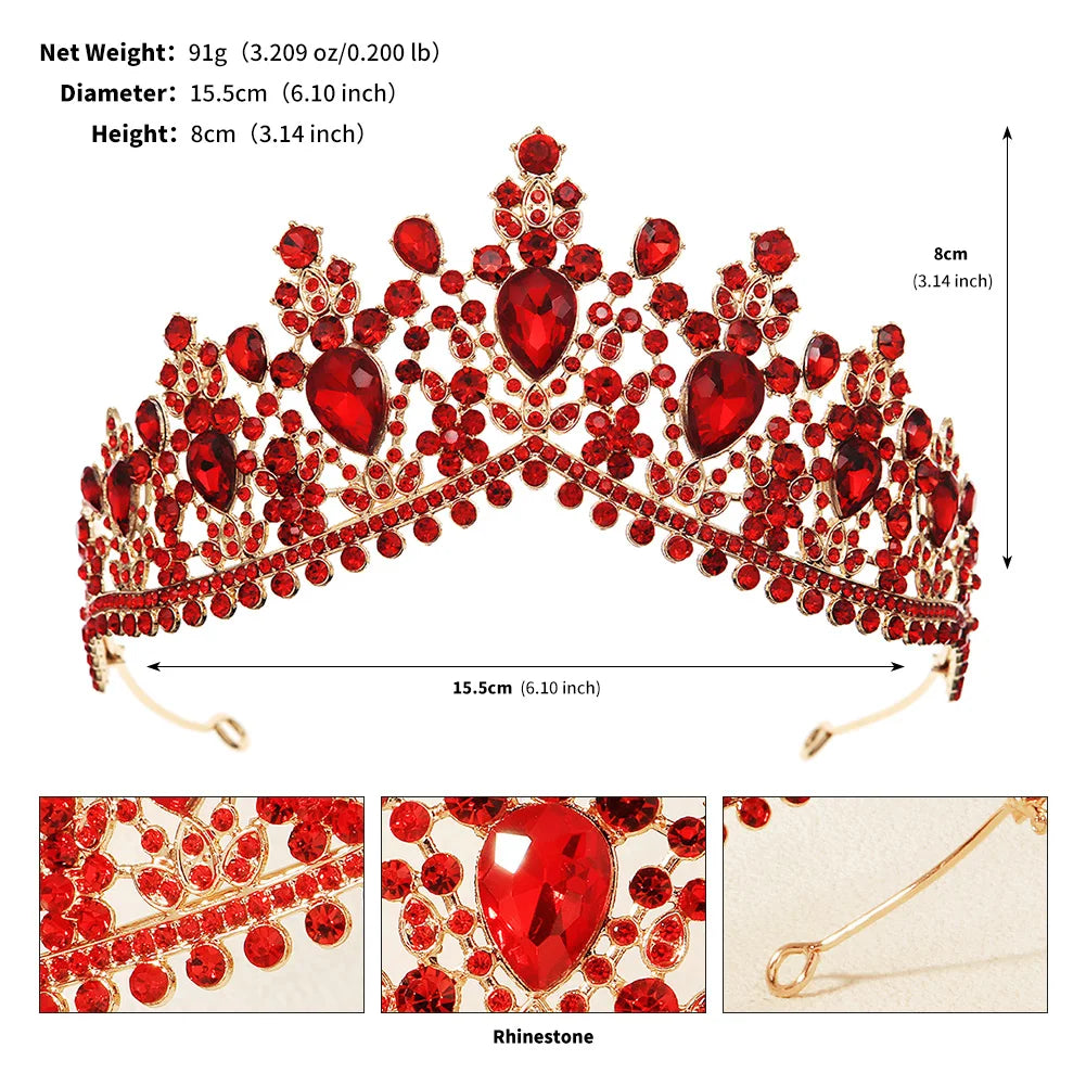 Luxury Red Rhinestone Bridal Tiara Headband Baroque Crystal Grand Crown For Women Banquet Jewelry Hair Accessories