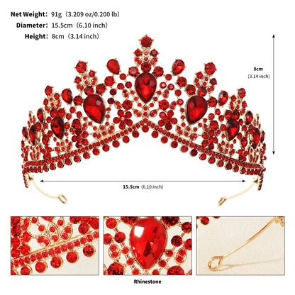 Luxury Red Rhinestone Bridal Tiara Headband Baroque Crystal Grand Crown For Women Banquet Jewelry Hair Accessories