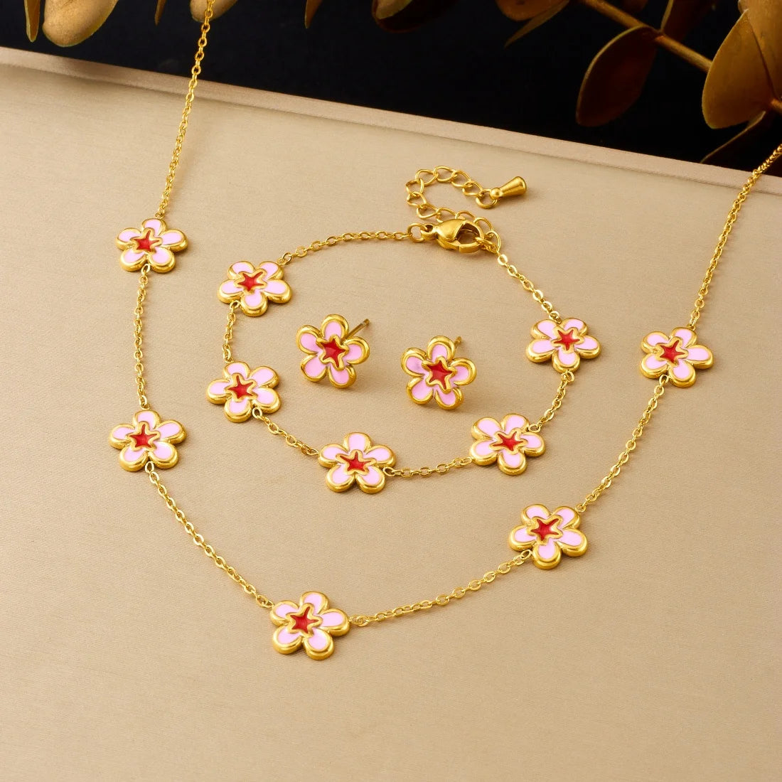 DIEYURO 316L Stainless Steel Pink Dripping Oil Peach Blossom Flowers Necklace Earrings Bracelet Set Lady New Luxury Jewelry Gift