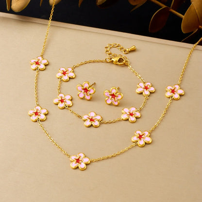 DIEYURO 316L Stainless Steel Pink Dripping Oil Peach Blossom Flowers Necklace Earrings Bracelet Set Lady New Luxury Jewelry Gift