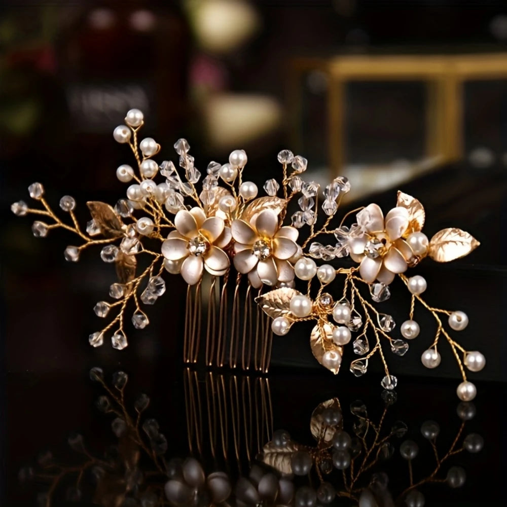 Golden Crystal Pearl Hair Comb Headband Hairband For Women Party Bridal Wedding Hair Accessories Jewelry Comb Headband Hairband