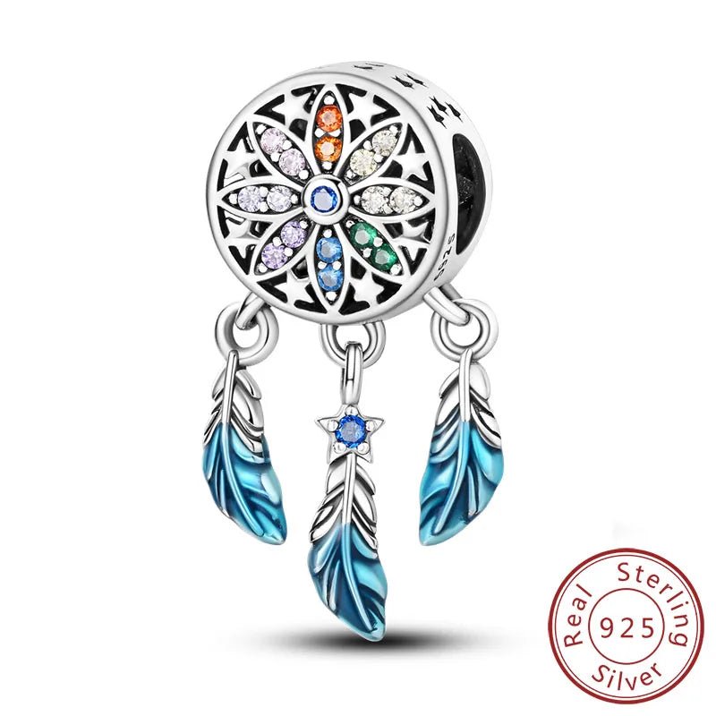 Original 925 Sterling Silver Charms Beads Pendants Colorful Dreamcatcher Lucky Charms Fit Bracelets Necklaces Women DIY Jewelry