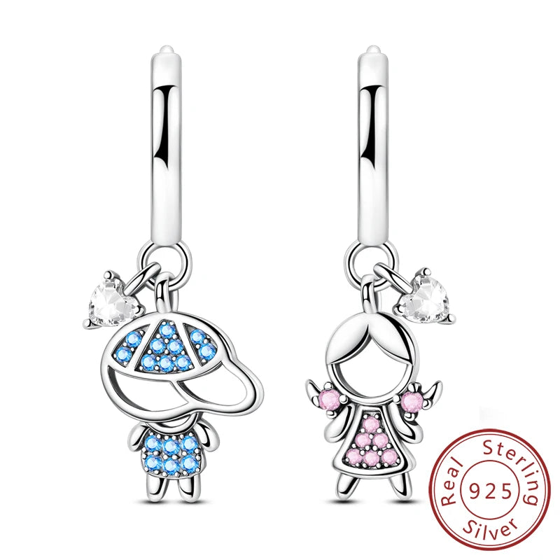 Hoop Earrings New Original 925 Sterling Silver Sweet Heart Bow Round Zircon Studs Drop Earrings For Women Girl Fine Jewelry
