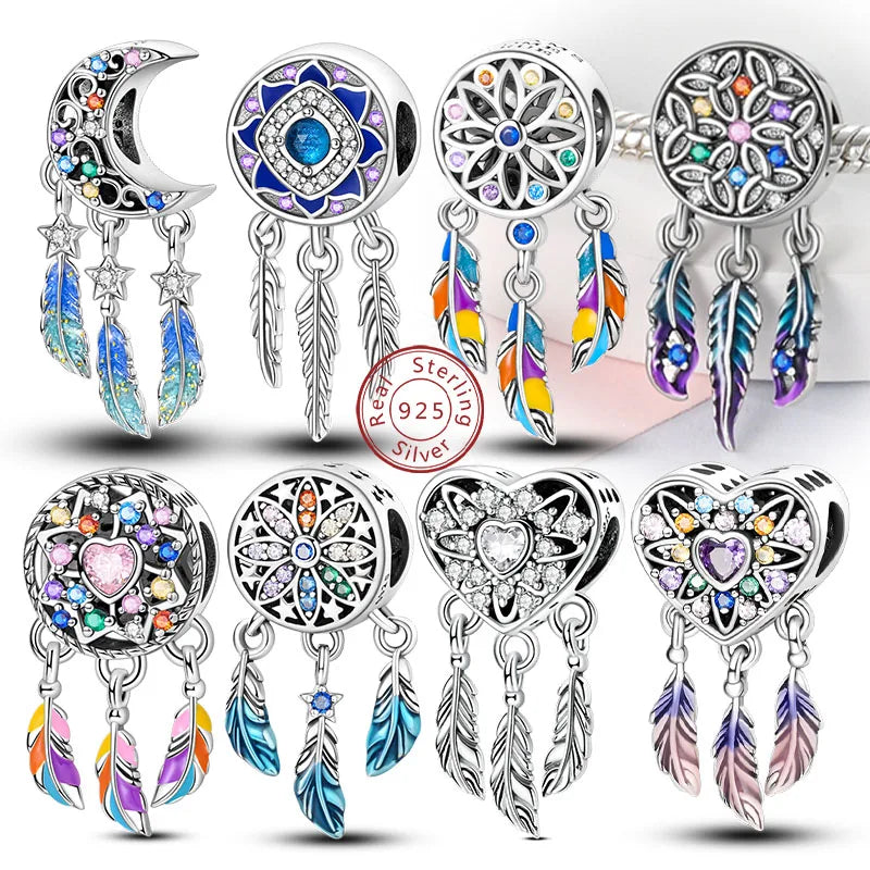 Original 925 Sterling Silver Charms Beads Pendants Colorful Dreamcatcher Lucky Charms Fit Bracelets Necklaces Women DIY Jewelry