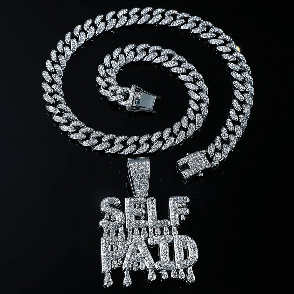 Men's Hip Hop Letter SELF PAID Pendant Necklace With 13mm Cuban Chain HipHop Iced Out Bling Necklaces Fashion Charm Jewelry Gift