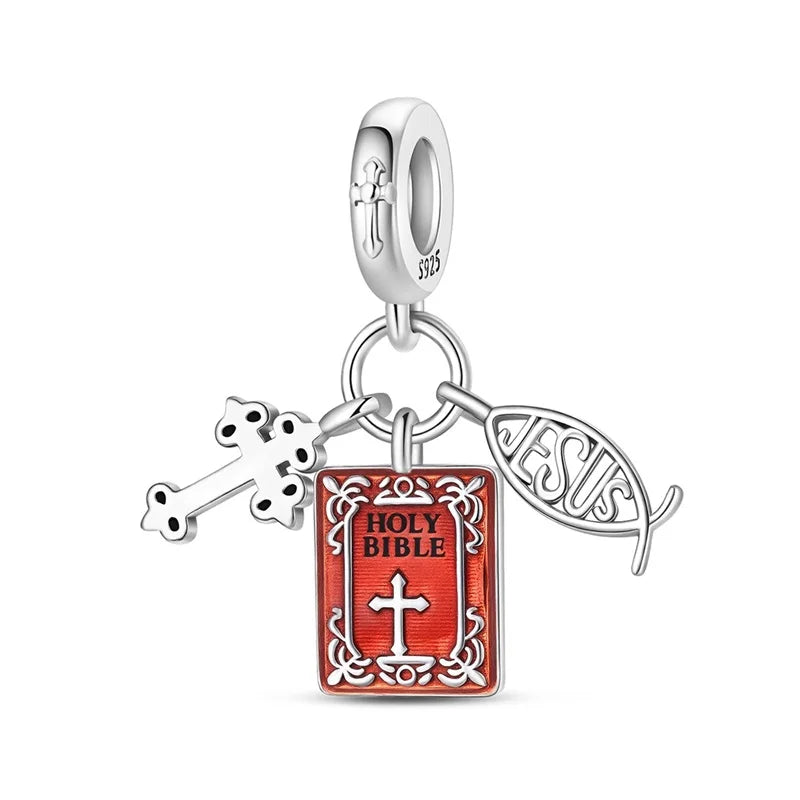 Original 925 Sterling Silver Charm Beads Classic Cross Bible Guardian Angel Charms Pendants For Bracelet DIY Birthday Jewelry