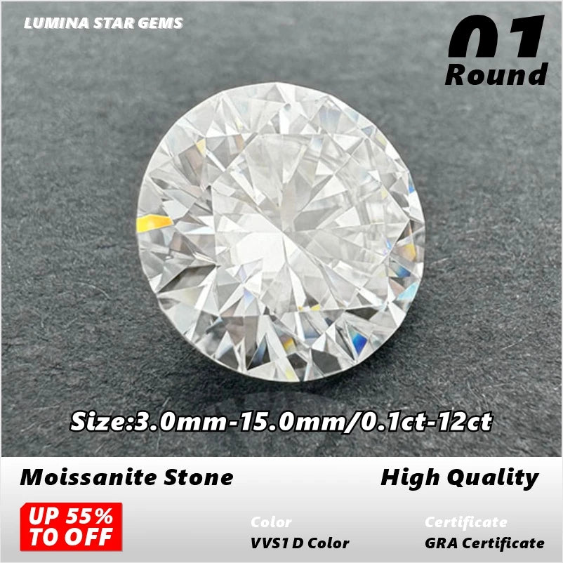 Moissanite Stone VVS1 D Color Round Cut 0.10ct-12.0ct Essential for Jewelry DIY Wholesale Loose Stones Pass Tester with Report
