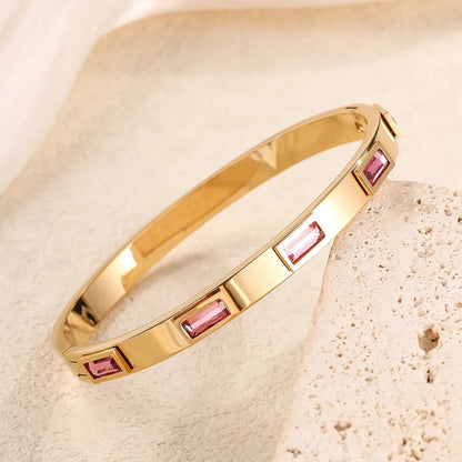 Classic Pink Zircon Inlay Cardioid Design Stainless Steel Stacked Bracelet Couple Jewelry Holiday Gift