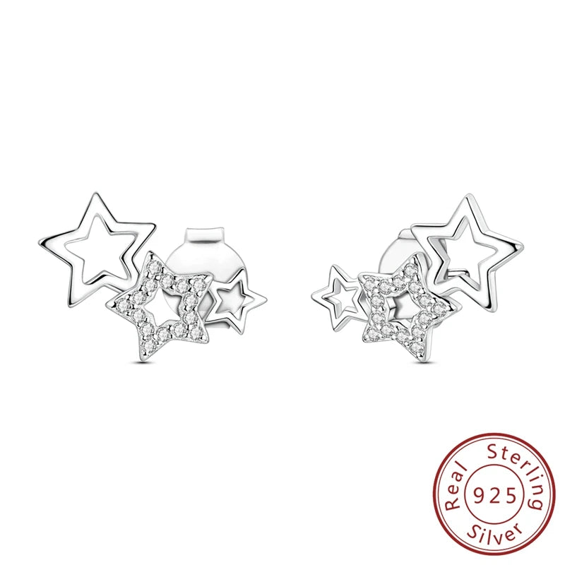 Hoop Earrings New Original 925 Sterling Silver Sweet Heart Bow Round Zircon Studs Drop Earrings For Women Girl Fine Jewelry