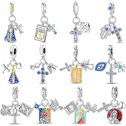 Original 925 Sterling Silver Charm Beads Classic Cross Bible Guardian Angel Charms Pendants For Bracelet DIY Birthday Jewelry