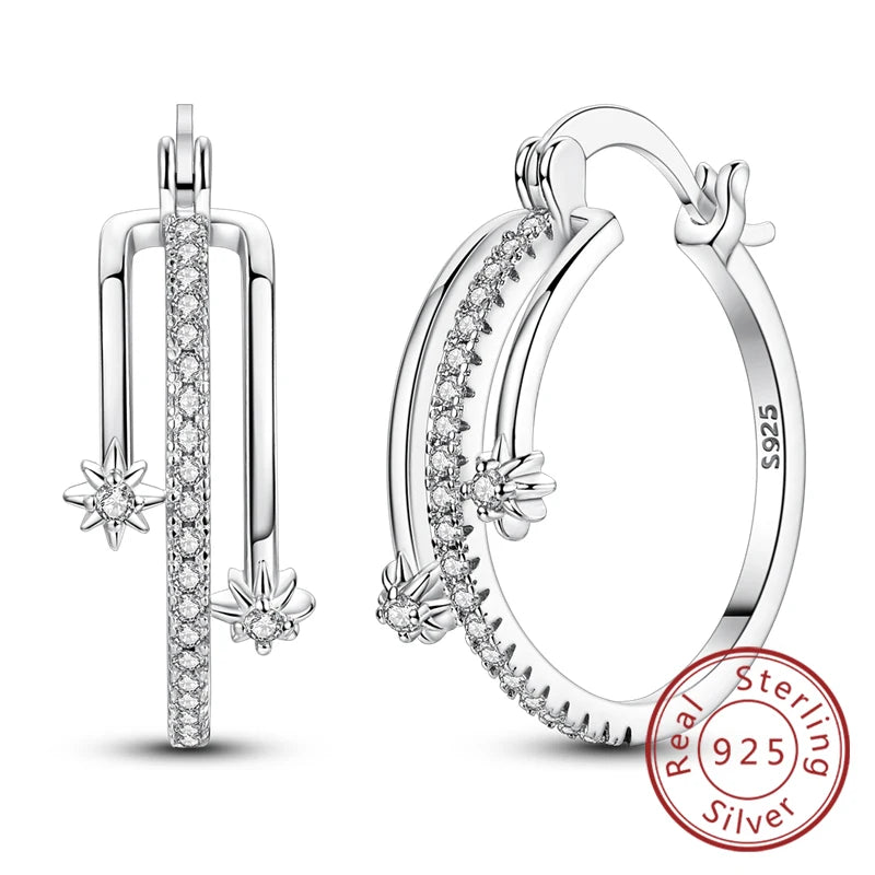 Hoop Earrings New Original 925 Sterling Silver Sweet Heart Bow Round Zircon Studs Drop Earrings For Women Girl Fine Jewelry