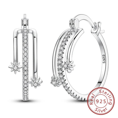 Hoop Earrings New Original 925 Sterling Silver Sweet Heart Bow Round Zircon Studs Drop Earrings For Women Girl Fine Jewelry