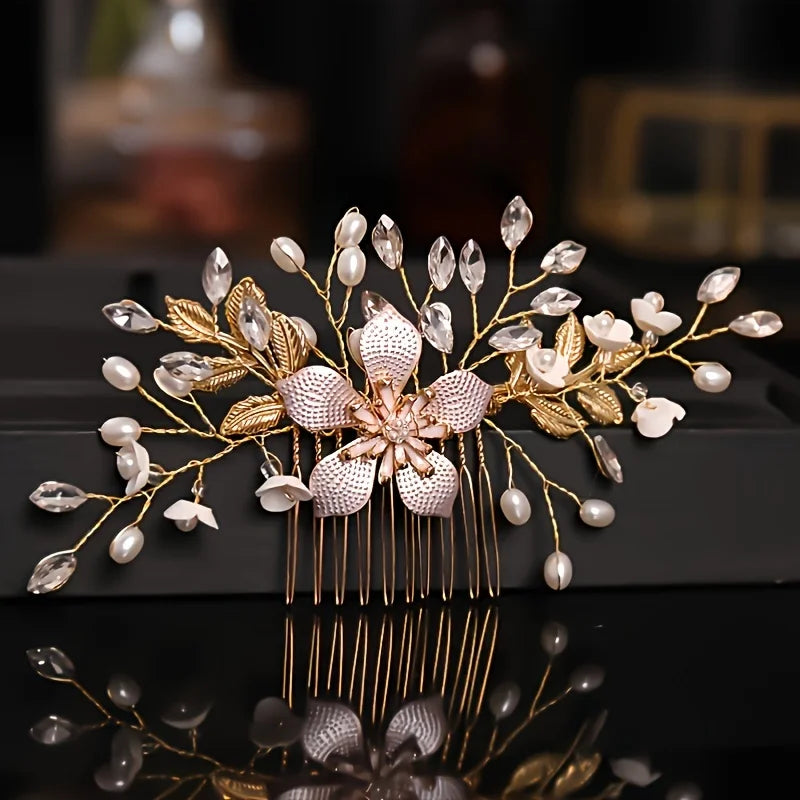 Golden Crystal Pearl Hair Comb Headband Hairband For Women Party Bridal Wedding Hair Accessories Jewelry Comb Headband Hairband
