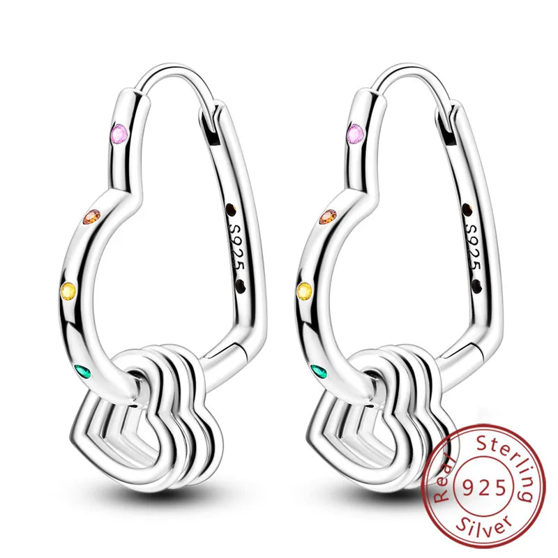 Hoop Earrings New Original 925 Sterling Silver Sweet Heart Bow Round Zircon Studs Drop Earrings For Women Girl Fine Jewelry