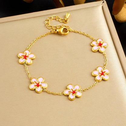 DIEYURO 316L Stainless Steel Pink Dripping Oil Peach Blossom Flowers Necklace Earrings Bracelet Set Lady New Luxury Jewelry Gift