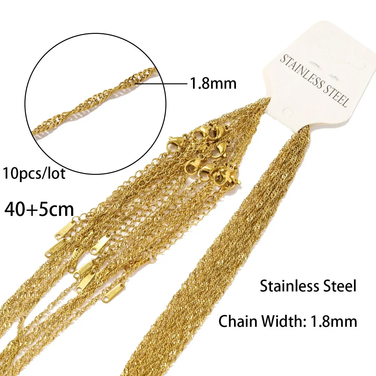 10pcs/Lot Stainless Steel  40+5cm 18K Gold Color PVD Plated Ripple Twisted Chain Never Fade Women Water Wave DIY Necklace