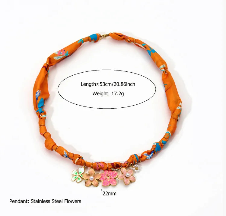Colorful Rope Heart Pearl Flower Necklace Women's Sweet Fabric Charm Necklace Fashion Stainless Steel Pendant Necklace Accessory