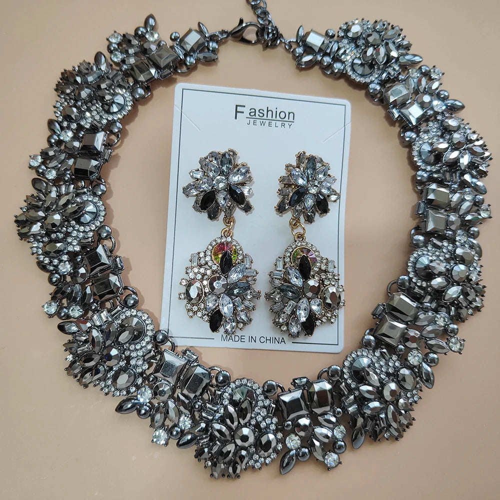 Elegant Jewellery Gifts for Her Women's Vintage Statement Earrings and Large Crystal Rhinestone Choker Necklace Jewelry Set
