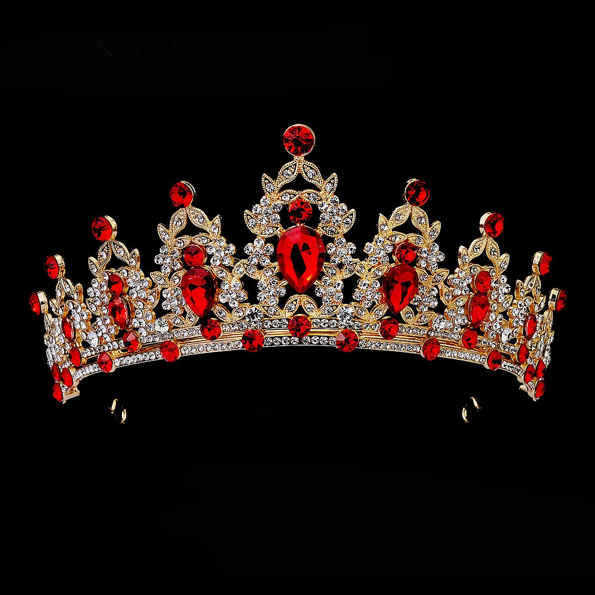 Luxury Red Rhinestone Bridal Tiara Headband Baroque Crystal Grand Crown For Women Banquet Jewelry Hair Accessories