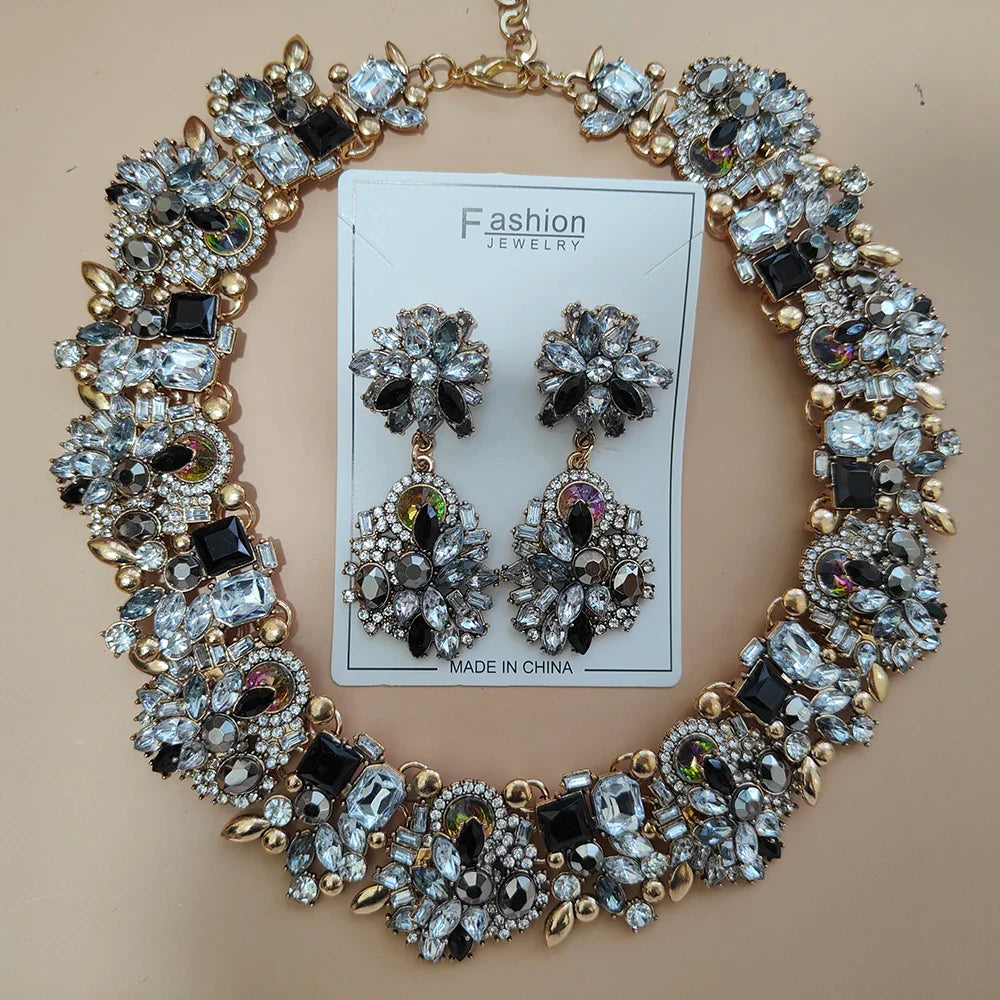 Elegant Jewellery Gifts for Her Women's Vintage Statement Earrings and Large Crystal Rhinestone Choker Necklace Jewelry Set