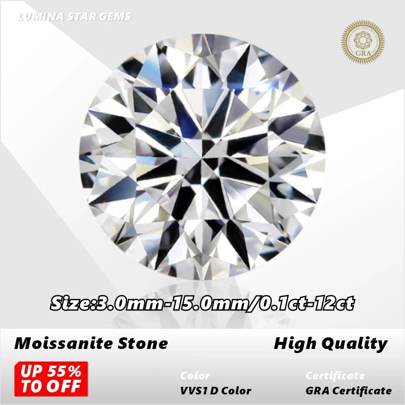Moissanite Stone VVS1 D Color Round Cut 0.10ct-12.0ct Essential for Jewelry DIY Wholesale Loose Stones Pass Tester with Report
