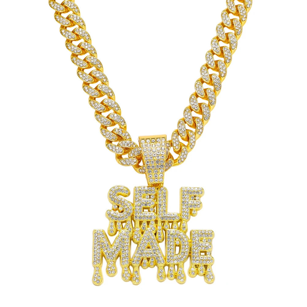 Men's Hip Hop Letter SELF PAID Pendant Necklace With 13mm Cuban Chain HipHop Iced Out Bling Necklaces Fashion Charm Jewelry Gift