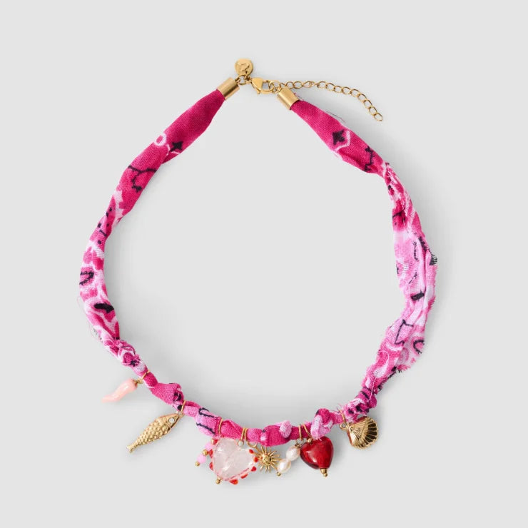 Colorful Rope Heart Pearl Flower Necklace Women's Sweet Fabric Charm Necklace Fashion Stainless Steel Pendant Necklace Accessory