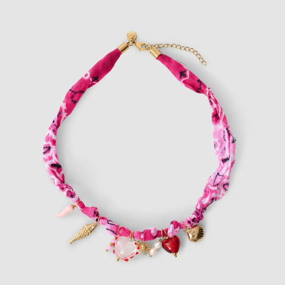 Colorful Rope Heart Pearl Flower Necklace Women's Sweet Fabric Charm Necklace Fashion Stainless Steel Pendant Necklace Accessory