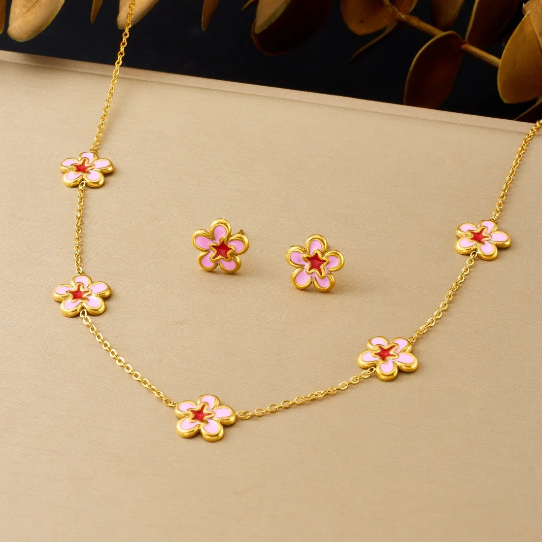 DIEYURO 316L Stainless Steel Pink Dripping Oil Peach Blossom Flowers Necklace Earrings Bracelet Set Lady New Luxury Jewelry Gift