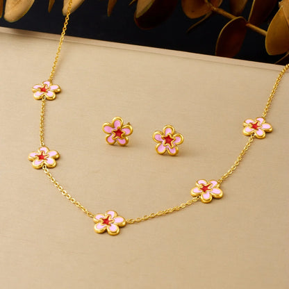 DIEYURO 316L Stainless Steel Pink Dripping Oil Peach Blossom Flowers Necklace Earrings Bracelet Set Lady New Luxury Jewelry Gift