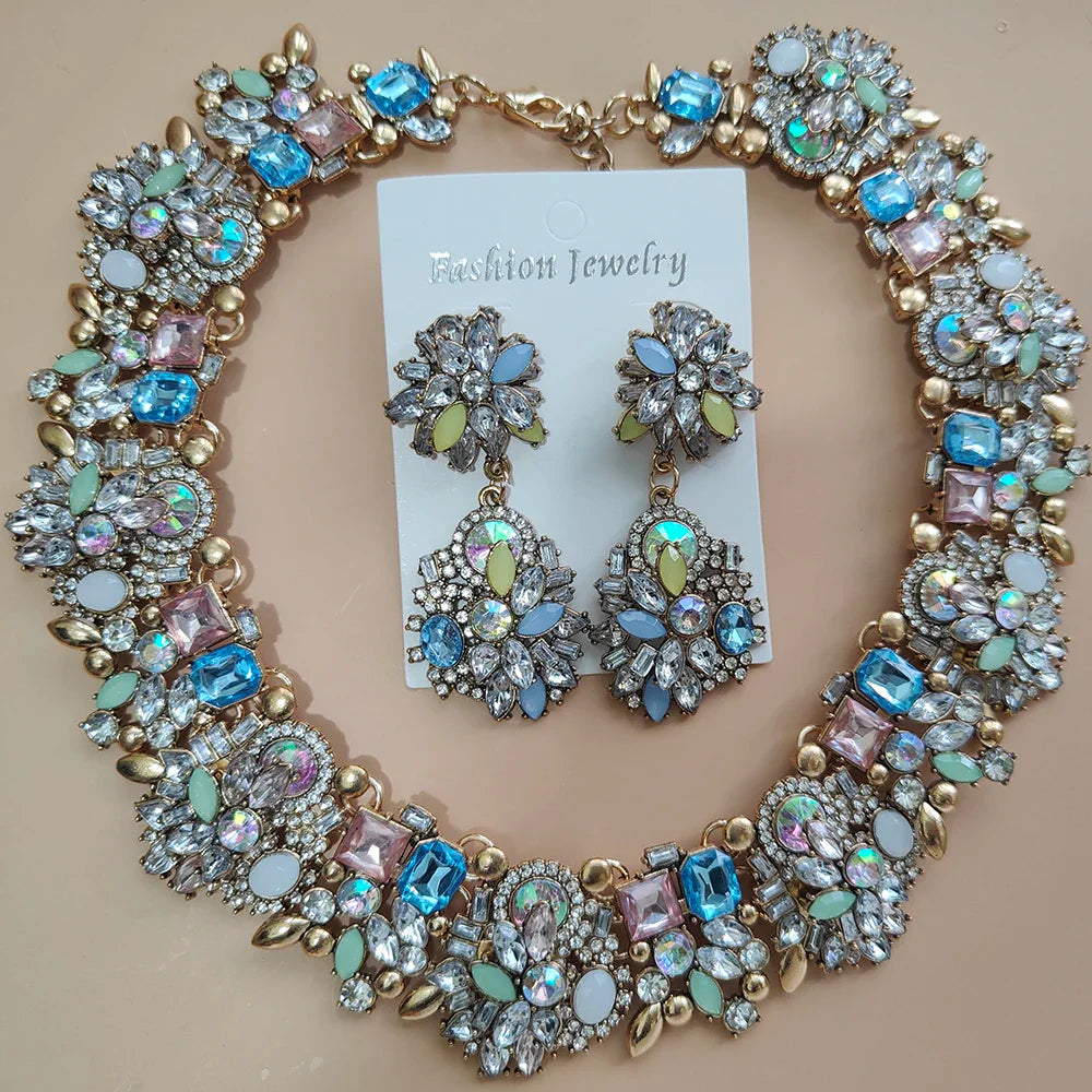 Elegant Jewellery Gifts for Her Women's Vintage Statement Earrings and Large Crystal Rhinestone Choker Necklace Jewelry Set