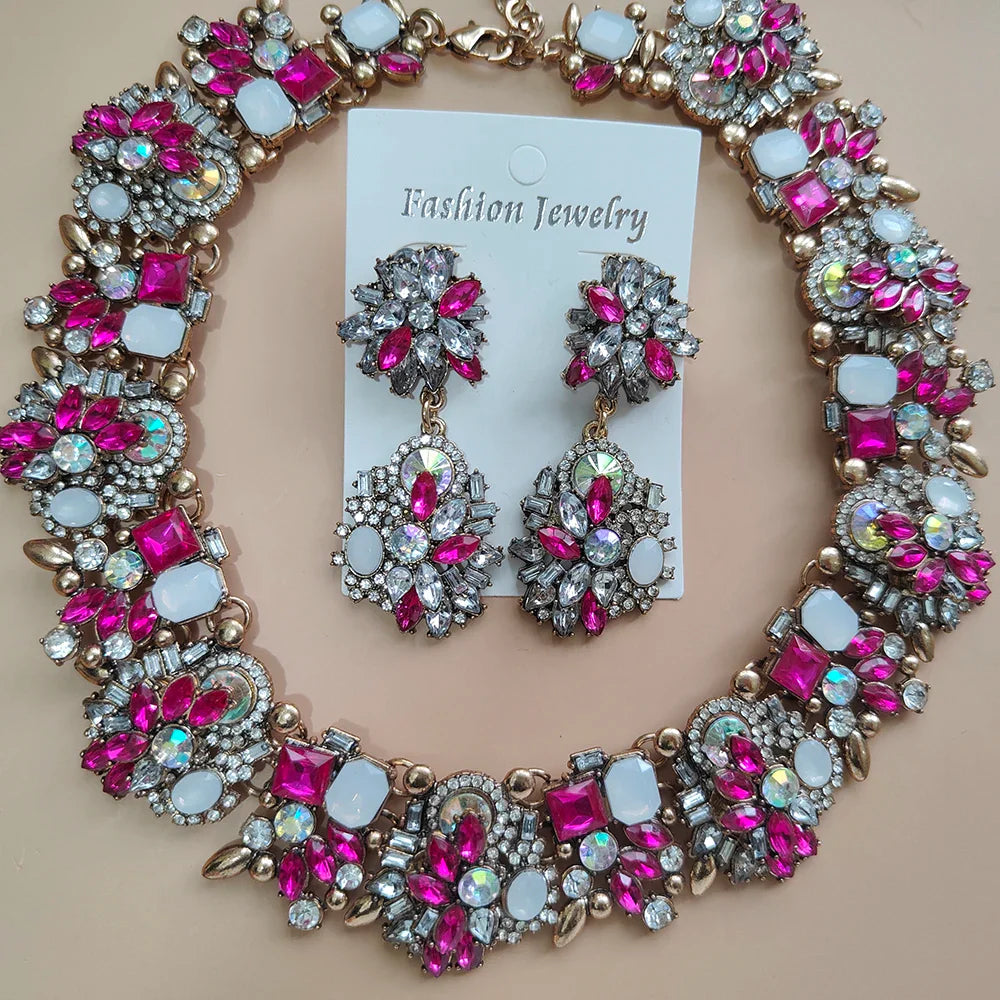 Elegant Jewellery Gifts for Her Women's Vintage Statement Earrings and Large Crystal Rhinestone Choker Necklace Jewelry Set