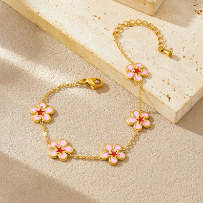 DIEYURO 316L Stainless Steel Pink Dripping Oil Peach Blossom Flowers Necklace Earrings Bracelet Set Lady New Luxury Jewelry Gift