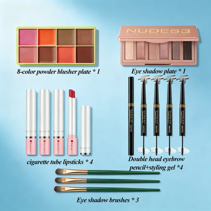 Makeup Fundamentals Set Blush Palette，Eyeshadow Palette, Lipstick, Eyebrow Pencil, Eyeshadow Brush Beauty Cosmetic for Daily Use