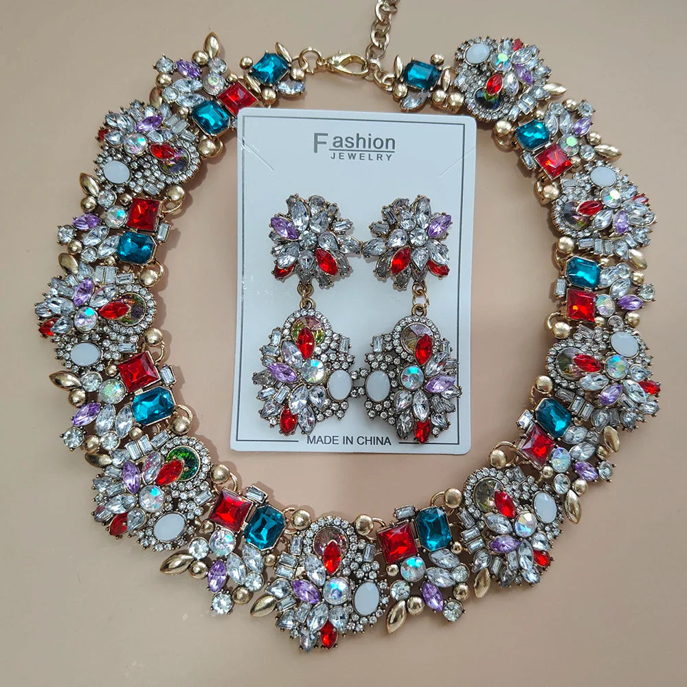 Elegant Jewellery Gifts for Her Women's Vintage Statement Earrings and Large Crystal Rhinestone Choker Necklace Jewelry Set