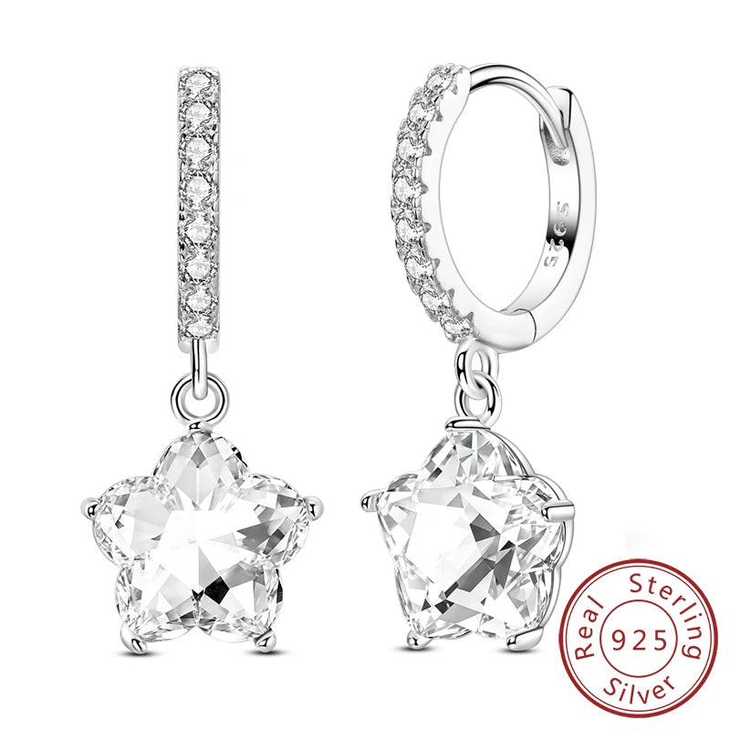 Hoop Earrings New Original 925 Sterling Silver Sweet Heart Bow Round Zircon Studs Drop Earrings For Women Girl Fine Jewelry