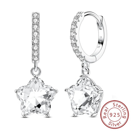 Hoop Earrings New Original 925 Sterling Silver Sweet Heart Bow Round Zircon Studs Drop Earrings For Women Girl Fine Jewelry