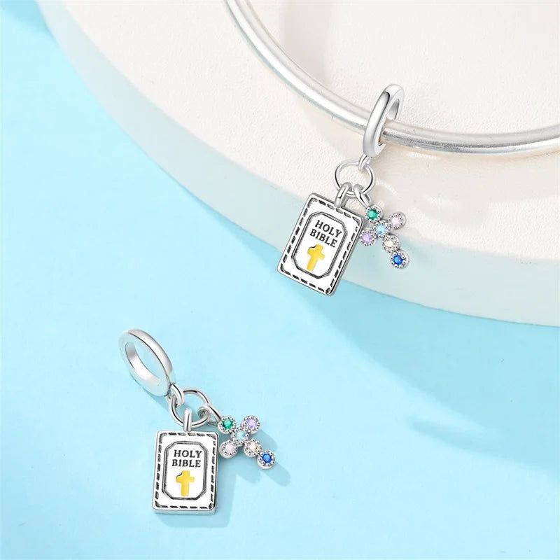 Original 925 Sterling Silver Charm Beads Classic Cross Bible Guardian Angel Charms Pendants For Bracelet DIY Birthday Jewelry